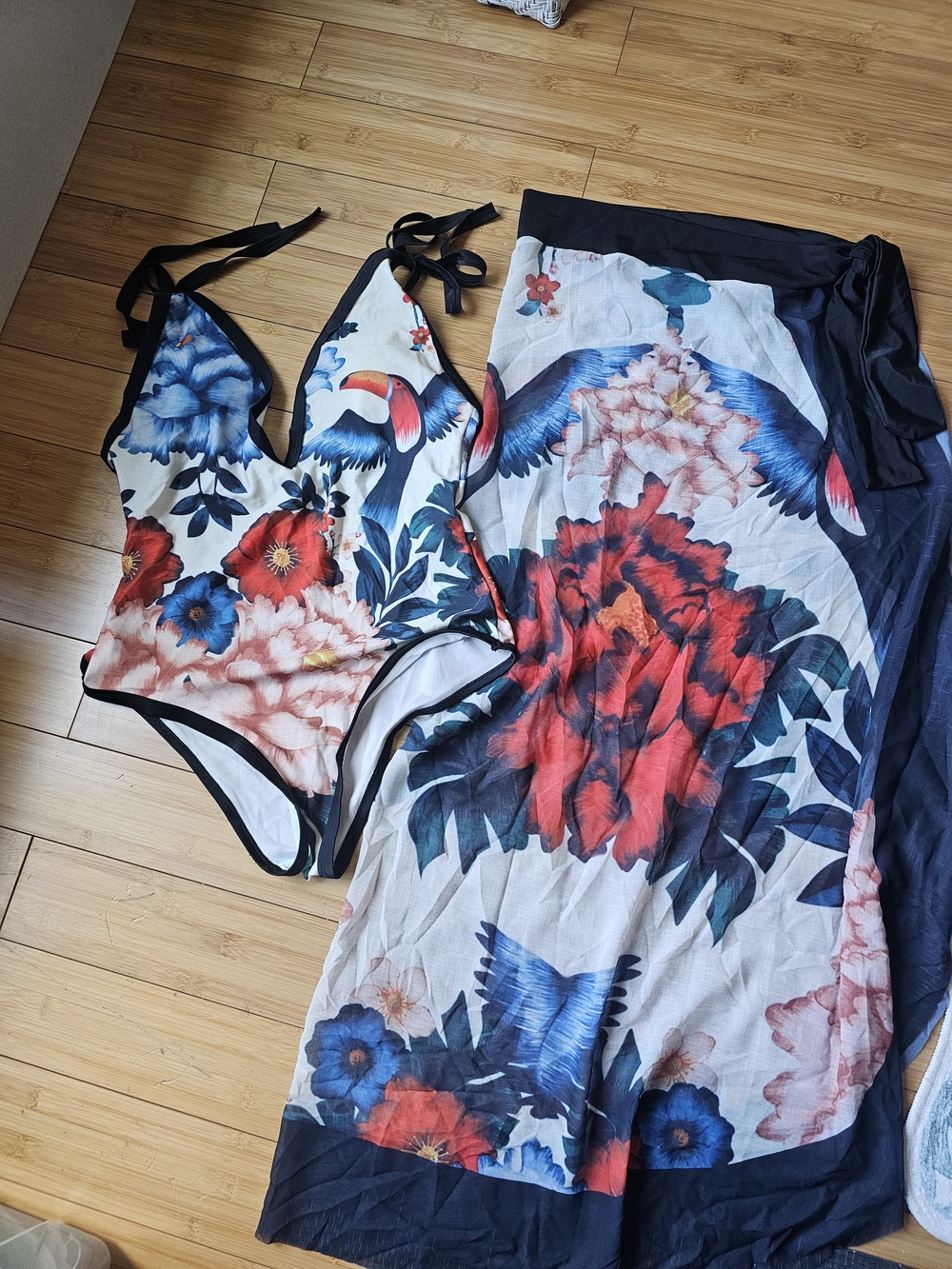 Floral Tropical One-Piece Swimsuit and Cover-Up - White/Blue/Red Sz XL